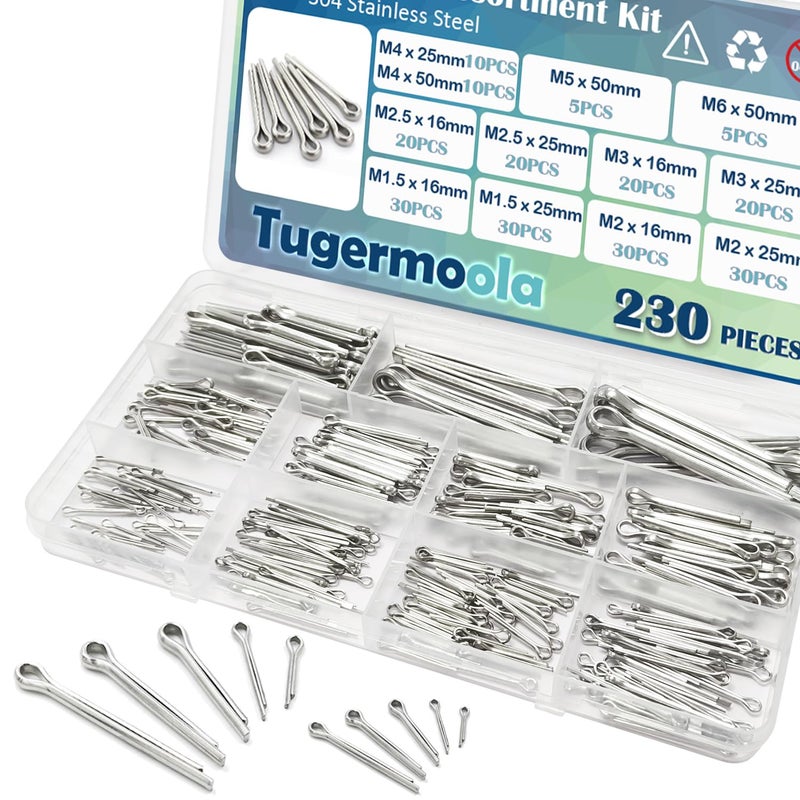 Tugermoola 230PCS 12 Sizes Cotter Pins Assortment Kit 304 Stainless Steel Split Pin Fastener Clips OLA001 - Image 1